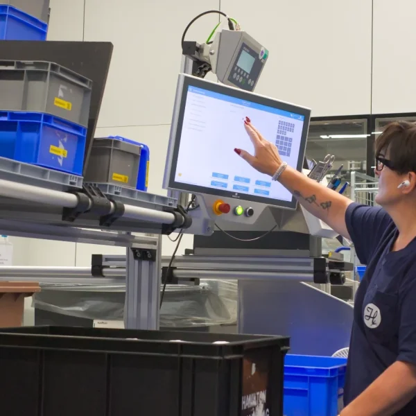 Eine Lagermitarbeiterin bedient an einer Kommissionierungsstation von Servus das MIA Touch. Diese teilweise Lagerautomation beruht auf dem Prinzip Ware zur Person.